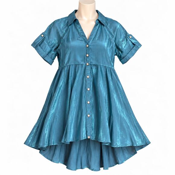 Umgee Dresses & Skirts - Umgee Blue Shimmer Button Front High Low Shirt Dress Women's M